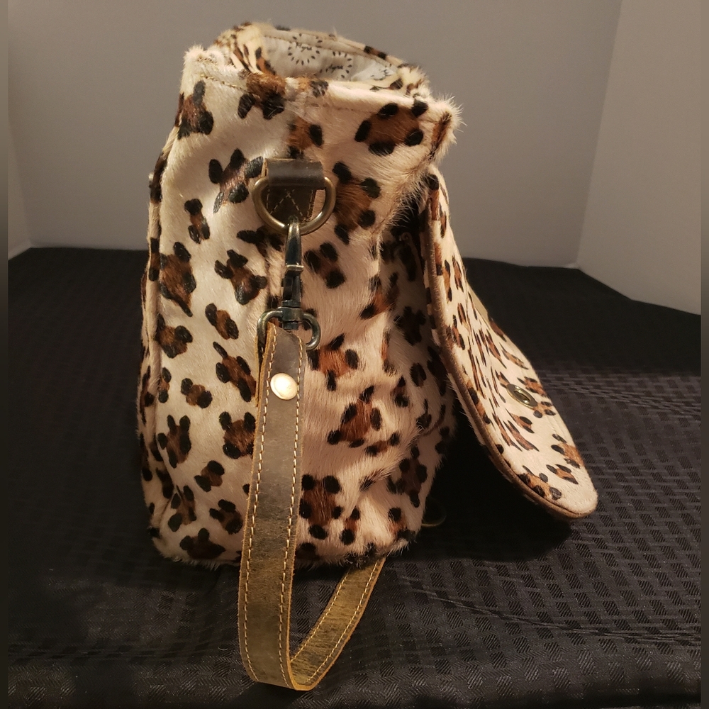Myra Bag Cowhide Leopard Print Genuine Leather Accents Bag Brown Black - Picture 8 of 16
